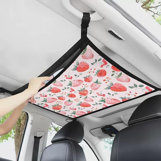 Dreaweet Strawberry Car Ceiling Cargo Net Pocket 31" x 24" Pink Double-Layer SUV Roof Organizer Ceiling Storage Net,Car Camping Cargo Net for Car,SUV,Mini Van Truck Life Accessories