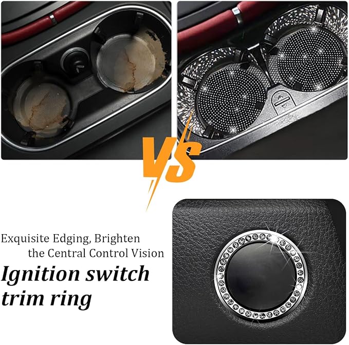 27PCS Bling Car Accessories Set for Women, 14.5-15" Crystal Rhinstone Steering Wheel Cover, License Plate Frame, USB Charger Phone Holder, Girly Auto Interior Decor Set, Universal Fit (Black)