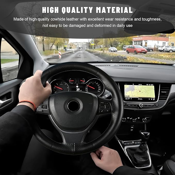Genuine Leather Steering Wheel Cover, 15 Inch Stitch on Steering Wheel Protector with Needle & Thread, Anti-Slip DIY Sewing Wheels Wrap for Most Vehicles (Black, Full Hole)