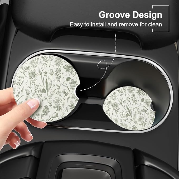 Ceramic Car Coasters – Absorbent Car Cup Holder Coaster Set for Women, Cute Aesthetic Car Accessories for Girls, 2 Pack (Pale Green)