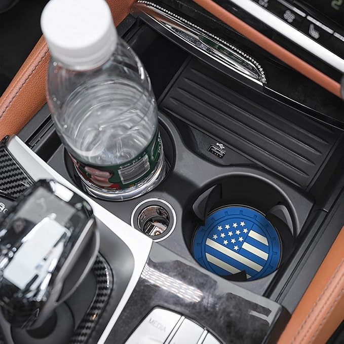 Osilly Car Cup Holder Coasters, 4 Pack American Flag Insert Car Cup Coaster, 2.75 Inch PVC Anti Slip Shockproof Embedded Drink Mat, Car Interior Decoration Accessories for SUV, Truck (Blue)