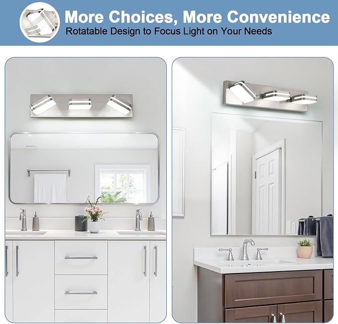 Torondo 360° Rotate LED Bathroom Vanity Light Fixtures, Acrylic Vanity Lights for Bathroom, Modern Wall Lighting Fixtures Over Mirror Living, Brushed Nickel, Natural White, 3-Light, 17-Inch