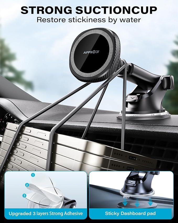APPS2Car for MagSafe Car Phone Mount for iPhone, Magnetic Windshield Dashboard Holder with Telescopic Arm and Strong Suction Cup, Compatible with iPhone 17/16/15/14/13/12 MagSafe Cases