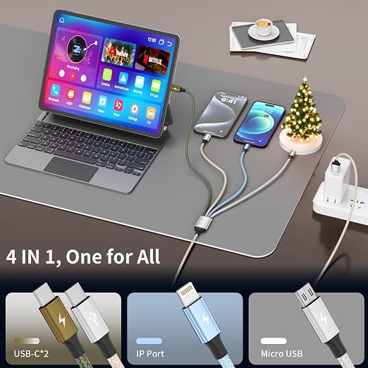 4 in 1 Multi Charging Cable, 2 Pack 6FT Charging Cords for Devices | Nylon Braided USB C Car Charger Cable with Dual USB-C, IP & Micro Ports, Long Travel Charging Cord for Cars