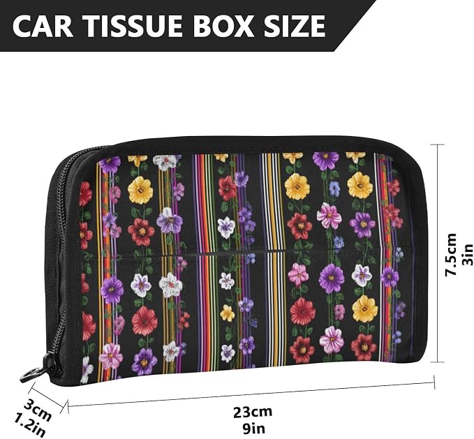 Mexican Purple Flower Stripe Car Tissue Holder Durable Napkin Holder Hanging Tissue Holders Case Car Tissues Bag for Sun Visor Seat Back Universal Auto