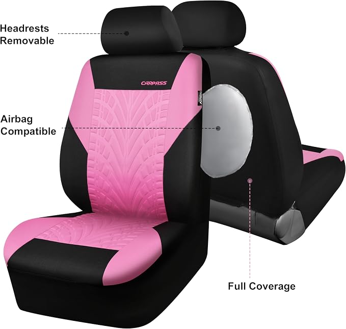 CAR PASS Car Seat Covers Two Front Only for Car, 3D Tyre Print Automotive Interior Covers, Airbag Compatible, Quick Setup Universal Fit Seat Covers for Car, Truck, SUV(Black and Pink)