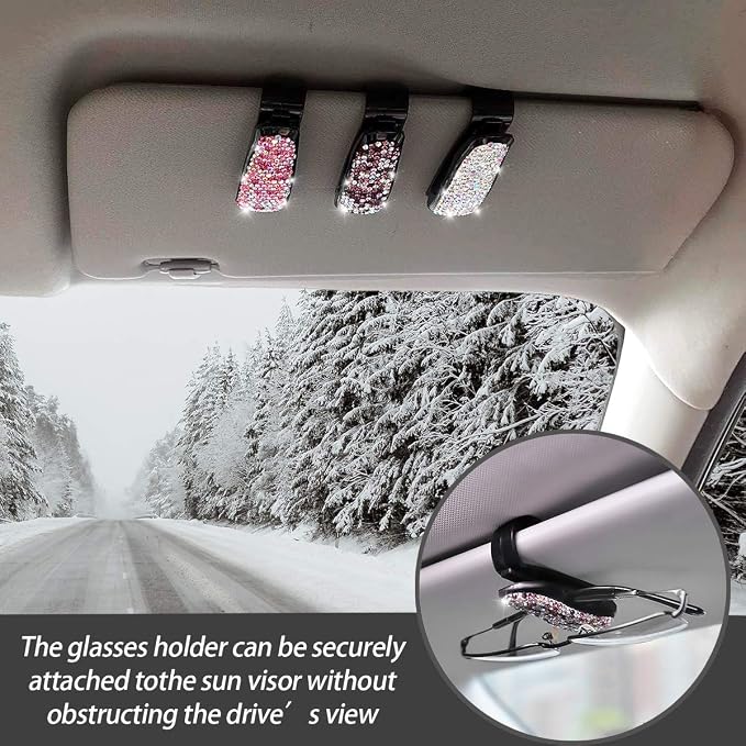 Moly Magnolia 2 PCS Glasses Holders for Car Sun Visor, Fashion Bling Crystal Rhinestones Car Eyeglasses Sunglasses Hanger Mount with Ticket Card Clip for Women Girls (Red)