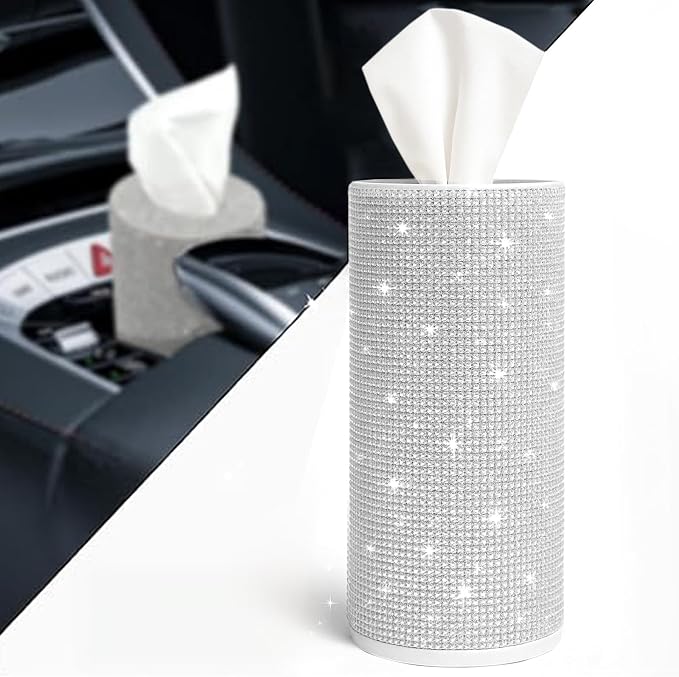 Bling Car Tissue Holder for Cup Holder – Sparkly Rhinestone Round Tissue Dispenser with 1 Pack Tissues – Fits Standard Auto Cup Holders – Stylish Car Interior Accessory for Women
