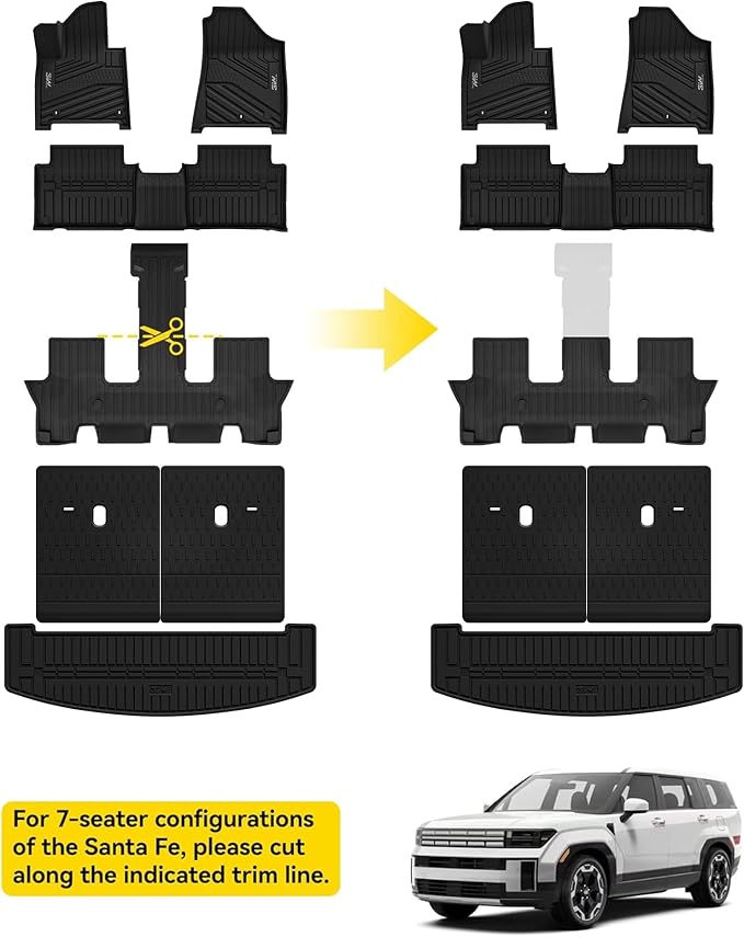 3W Floor Mats & Cargo Liner Fit for Hyundai Santa Fe 2024-2026(only for Hybrid), Full Set Floor Liner TPE All Weather Heavy Duty Car Accessories, Anti-Slip