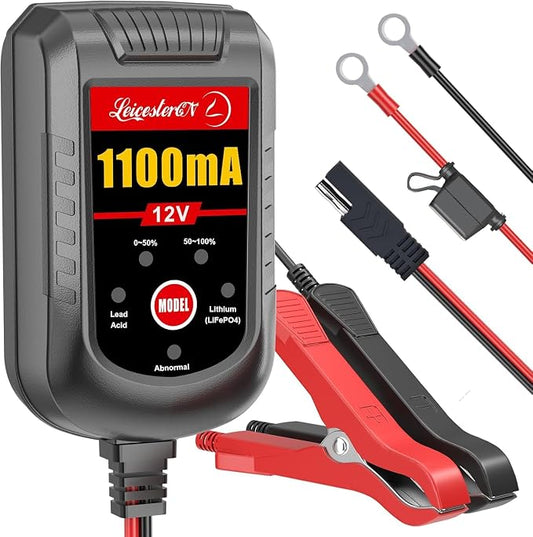 Motorcycle Battery Charger and Maintainer 12V, 1.1Amp Smart Trickle Charger - Automatic Float Charger for Cruiser Sport Bike ATV Scooter Dirt Bike Lawn Mower, LiFePO4 Lithium Lead Acid AGM Gel