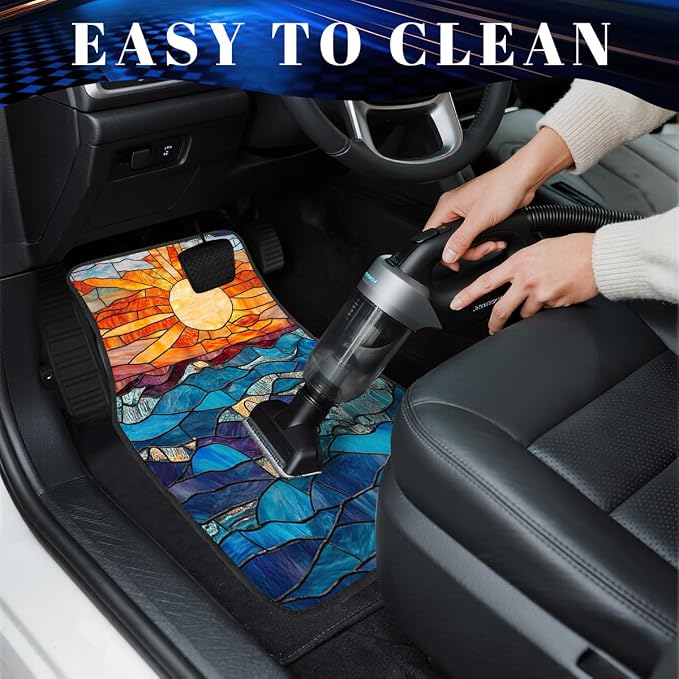Stained Glass Car Floor Mats Set of 4 Abstract Sunset Ocean Mosaic Art Automotive Car Floor Carpets Non-Slip Auto Car Accessories Universal Fit for Car SUV Truck Van