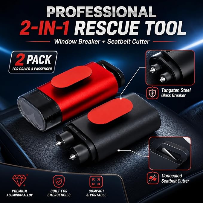 2 Pack Spring-Loaded Car Window Breaker and Seatbelt Cutter, Emergency Escape Tool with Testing Glass, Portable Automotive Safety Hammer for Underwater/Rollover Rescue (Red/Black)