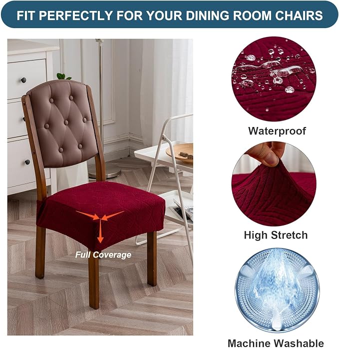 Removable and Washable Seat Covers for Dining Room Chairs Set of 4 - Waterproof Stretch Chair Seat Slipcovers, No Back Covers