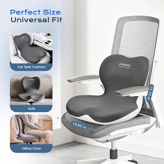 Coverado [Upgraded] Car Seat Cushion and Lumbar Support Pillow One Piece, Memory Foam Ergonomic Back Support Driving Seat Cushion for Back Pain, Non-Slip Washable Cushion for Car, Driver, Office