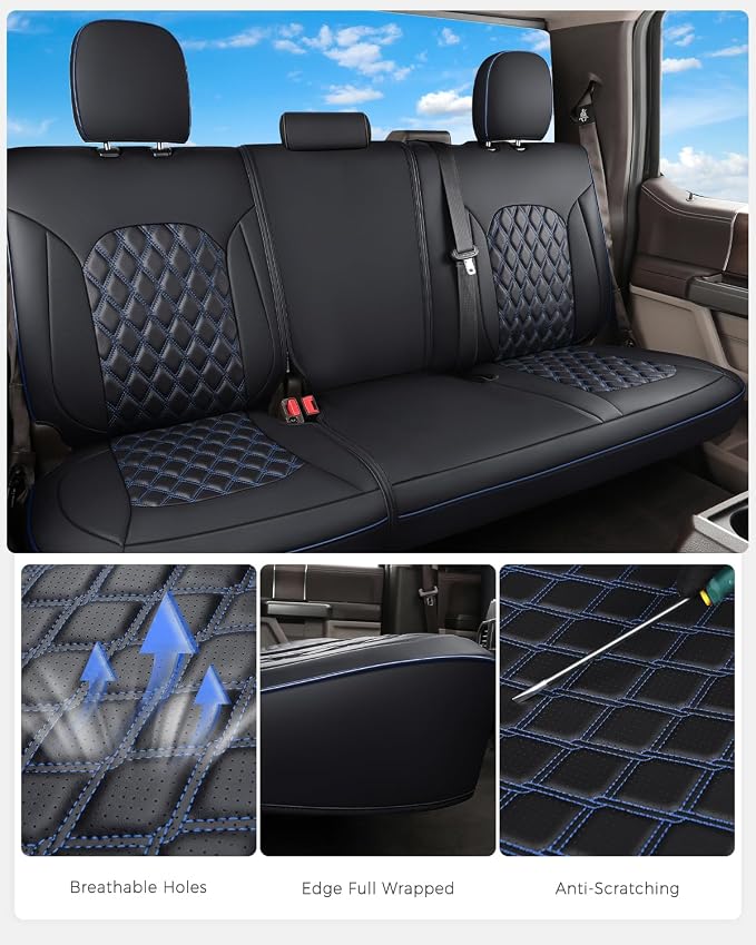 Huidasource Tacoma Rear Seat Covers, Automotive Leather Car Back Seat Cover Fit for 3rd Gen Toyota Tacoma 2016-2023 Double & Crew Cab SR SR5 Limited TRD Sport/Pro/Off Road (Back Row/Black&Blue)