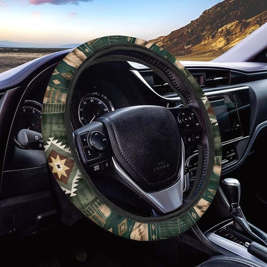 Wanyint Car Steering Wheel Cover Universal 15 Inch Steering Wheel Protector Auto Accessories Decor Anti-Slip Washable Universal Fit Most Vehicles, Southwest Aztec Dark Green