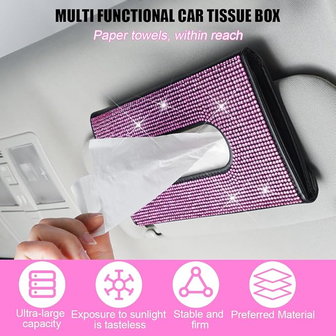 Bling Car Tissue Holder for Sun Visor, Crystal Rhinestone Leather Vehicle Paper Towel Case, Glitter Diamond Auto Napkin Clip Accessories for Women, Universal for SUV, RV, Truck (Black)