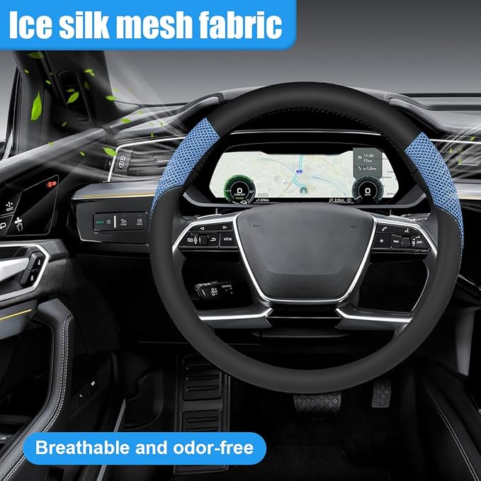 Car Steering Wheel Cover, 15" Breathable Microfiber Leather Ice Silk Mesh Wheel Wrap, Warm in Winter & Cool in Summer, Comfortable Anti-Slip Auto Interior Decorative Protector(Blue)