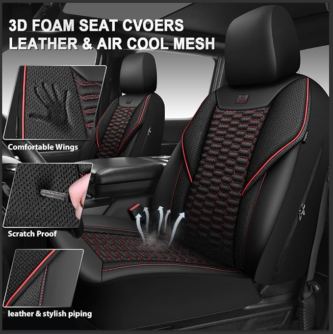 CAR PASS 3D Foam Mesh Leather Car Seat Covers Full Set,Breathable Mesh Faux Leather Seat Covers for Car,Universal Fit for SUV Truck Sedan Automotive, Armrest Airbag Compatible,Black and Red