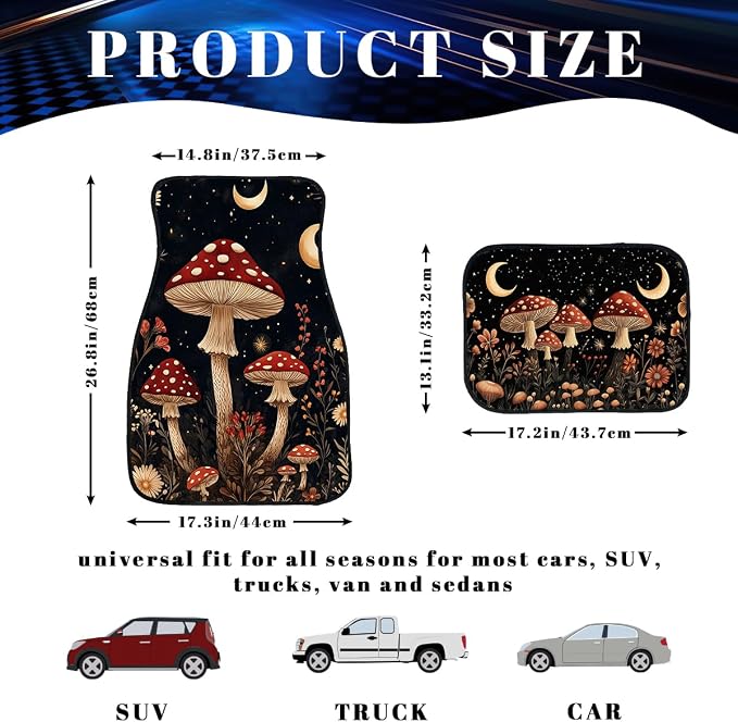 Mushroom Car Floor Mats Set of 4 Red Moon Star Night Wildflower Magic Automotive Foot Mats Rugs Carpet for Car Non-Slip Auto Car Accessories Universal Fit for Car SUV Truck Van