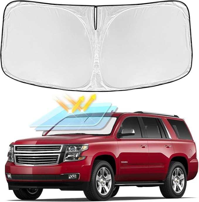 Windshield Sun Shade for Chevrolet Tahoe 2015-2020 - 4 Layers | Car Sunshades for Front Windows Shade Cover Custom Fit Tahoe Sun Visor 250T Retractable Shade Blocks UV Rays Car Accessories