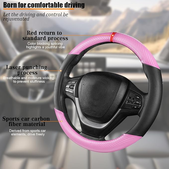 Carbon Fiber Car Steering Wheel Cover, Leather Breathable Automotive Wheel Protector, 15 Inch Anti-Slip Vehicle Interior Steering Accessories, Universal for SUV Truck Sedan (Pink)