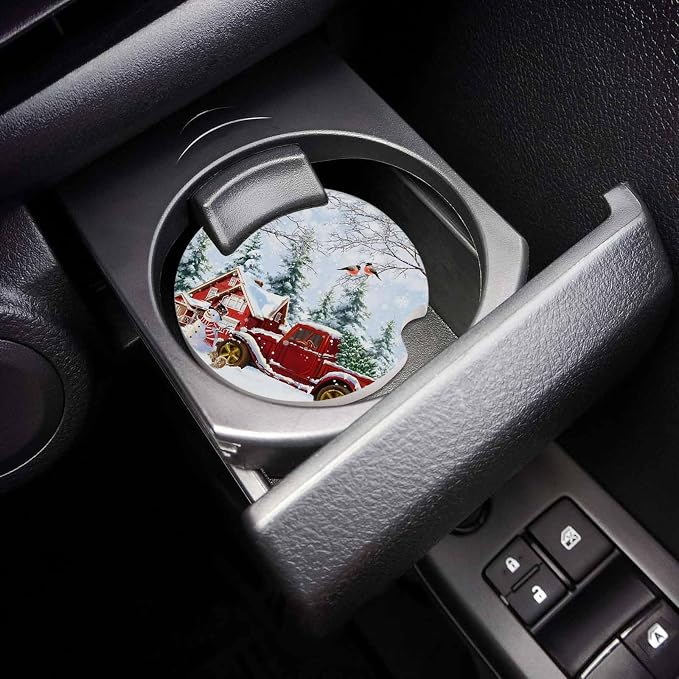 Car Coasters for Cup Holders 2.6"Dia Absorbent Coasters Set of 6 Car Interior Accessories for Women Men Ceramic Car Coaster for Drinks with Finger Grooves,Christmas Winter Snowflakes Snowman Truck Red