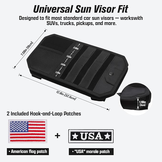 Car Sun Visor Organizer with Sunglasses Holder, 1000D Polyester | Tactical Organizer, MOLLE Panel, Universal, Mesh Pouch + Pen Slots + Zipper Pockets, Heavy Duty, Esay Installation