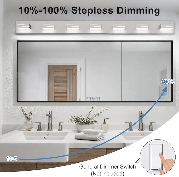 LED Modern Bathroom Vanity Light Fixtures, Dimmable Brushed Nickel Vanity Lights for Bathroom Lighting Fixtures Over Mirror, with 360° Rotatable Acrylic Heads 7-Light 48-inch (Cool White 6000K)