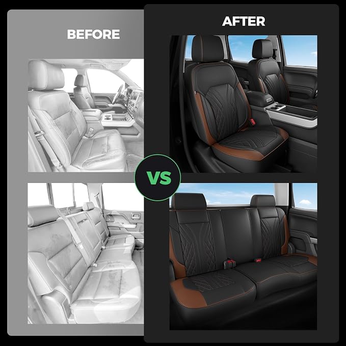 Truck Leather Seat Covers for Chevy Silverado Gmc Sierra 2014-2019 | Crew Cab 1500/2500/3500HD, Bucket Seat, NO Rear Seatback Storage, Scratch-resistant, Easy-clean, Pickup Protector, Full Set