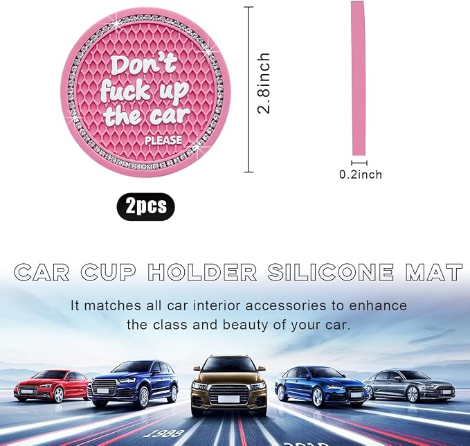 Ohleats Bling Car Cup Coaster, 2.75 Inch Non-Slip Don't Fuck Up My Car Please Cup Holder Insert Coaster, Crystal Rhinestone Auto Drink Cup Mat, Universal Car Accessories (Pink-4PCS)