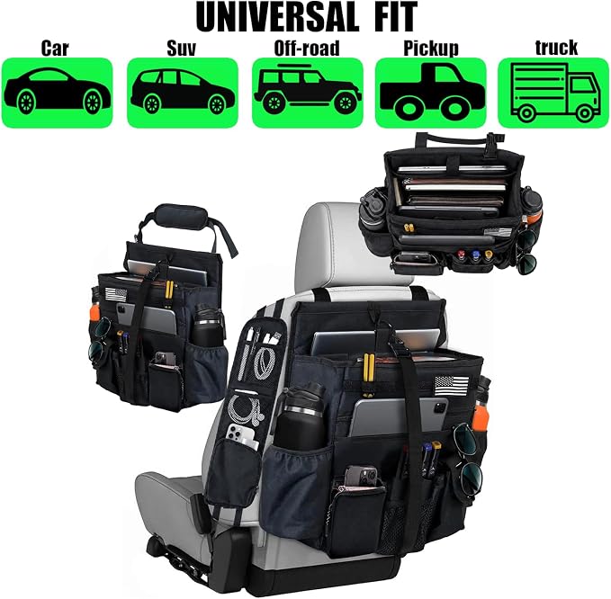 2 Pack Front or Seat back organizer seat side pocket with dedicated tablet and 17 IN laptop storage stabilizers external stabilizing side straps soft adjustable shoulder straps (Large Black)