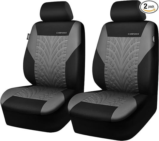 CAR PASS Car Seat Covers Two Front Only for Car, 3D Tyre Print Automotive Interior Covers, Airbag Compatible, Quick Setup Universal Fit Seat Covers for Car, Truck, SUV(Black Gray)