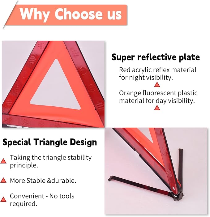 DEDC Car Safety Triangle Warning Kit, Set of 4 Roadside Emergency Kit with Reflective Warning Triangle,Visibility Roadside Vest, LED Road Flares Emergency Lights