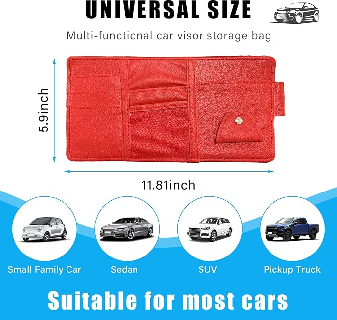 Augeny Car Sun Visor Organizer, Leather Personal Belonging Storage Pouch with Zipper, Car Visor Storage Pouch Sunglasses Holder, Auto Interior Accessories Pocket Organizers (Red)
