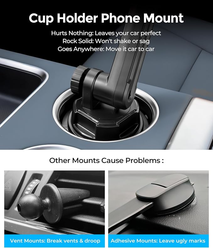 Dual MagSafe Cup Holder Phone Mount, Adjustable for iPhone 12-17 | Dual MagSafe Cup Holder Phone Mount, 360° Adjustable, Modular, Fits Cars, SUVs & Trucks, iPhone 12-17