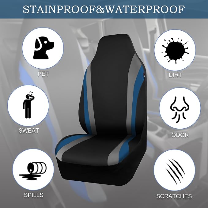 CAR PASS AquaShield Neoprene Waterproof Car Seat Covers for Front Seats Only, High Back Bucket Seat Cover,Airbag Compatible, Line Rider Seat Covers Universal Fit for Auto Truck Van SUV (Black Blue)