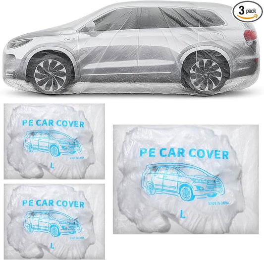 3 Pack Universal Plastic Car Cover, 12. 5 x 21. 7 ft Disposable Clear Waterproof Full Exterior Cover with Elastic Band for Automobiles Sedan Outdoor Snow Rain Weather