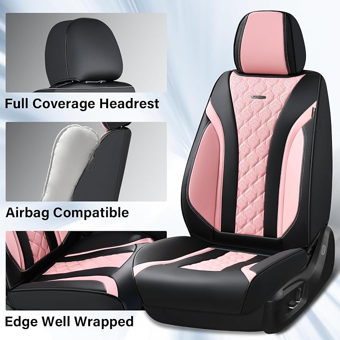 Coverado Car Seat Covers, Black Pink Leather Seat Covers Full Set, Perforated Diamond Leather Car Seat Cover, Waterproof Car Seat Protector Universal 5 Seats Seat Covers Fit for Most Cars SUV Trucks