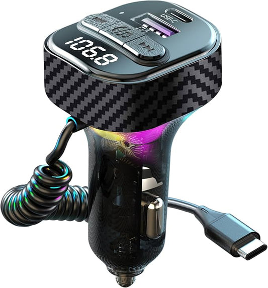Bluetooth 5.3 FM Transmitter for Car, Bluetooth Car Adapter with Type-C PD(30W) Charger Port and Cable, QC3.0 USB Port, Wireless FM Radio Transmitter, Support Handsfree Calling, Backlit,U Disk, Black