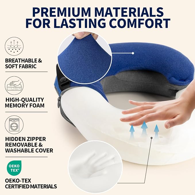 BUYUE Kids Travel Pillows for Airplane, Memory Foam 360° Head Support Sleeping Essentials for Boys Long Flight, Skin-Friendly Soft Neck Pillow for Traveling in Car Seat, (Small, Blue Grey, 40-90 lbs)