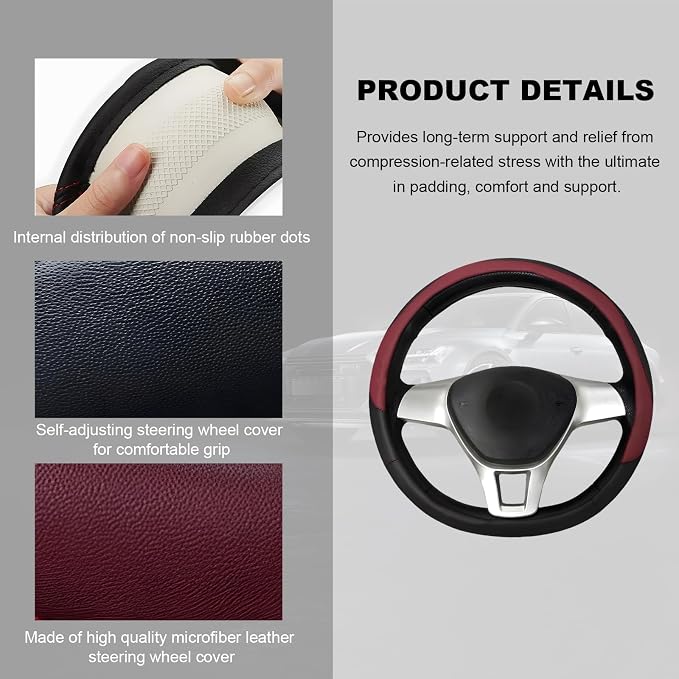 Leather Steering Wheel Cover, Anti-Slip Full Surround Car Wheel Protector with Comfortable Grip, Universal Elastic Decorative Cover Fit for 14 1/2-15 Inch Steering Wheels (Wine Red)