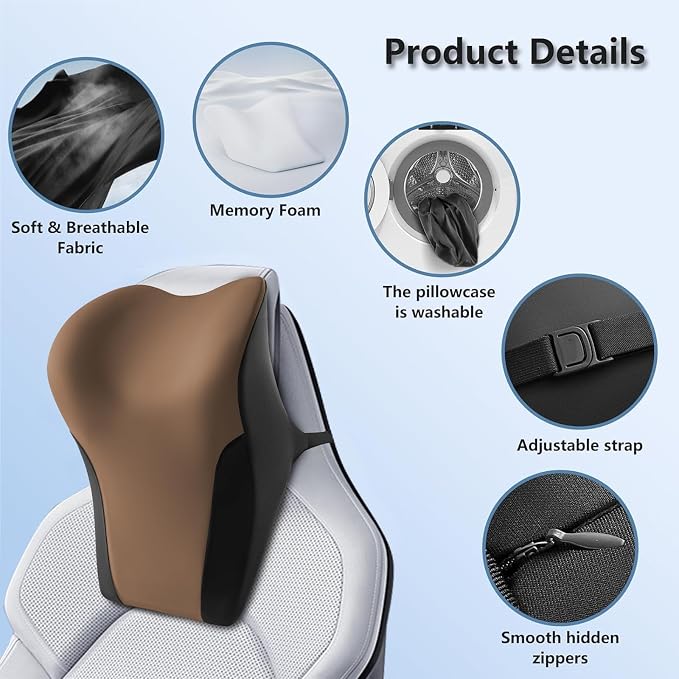 BABUR Car Headrest Pillow, Ergonomic Neck Support for Driving Seat 1 Pcs | Brown,100% Memory Foam,Universal Fit,Softness,Adjustable Strap,Breathable Removable Cover,Car Rest Pillow for Pain Relief
