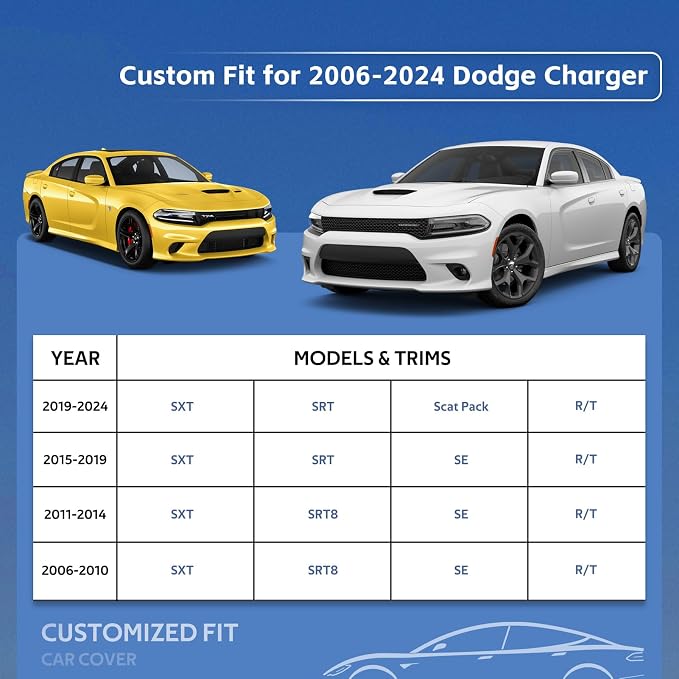 10 Layers Car Cover Custom Fit for Dodge Charger (2006-2024) Waterproof All Weather for Automobiles, Outdoor Full Cover Rain Sun UV Protection.Silver