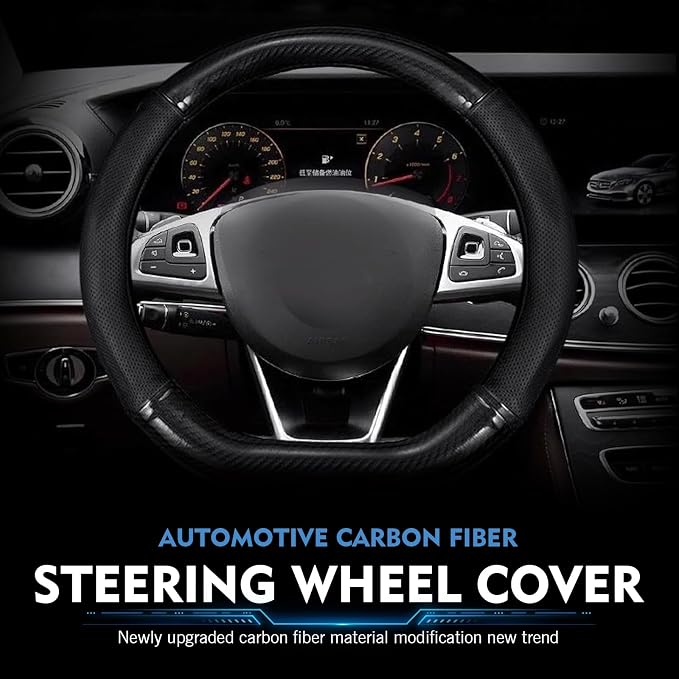 1 Pack Car Steering Wheel Cover Carbon Fiber, Leather Non-Slip Protector, Breathable All Season Universal Fit for Most Cars, Trucks, SUVs (D-Shaped)