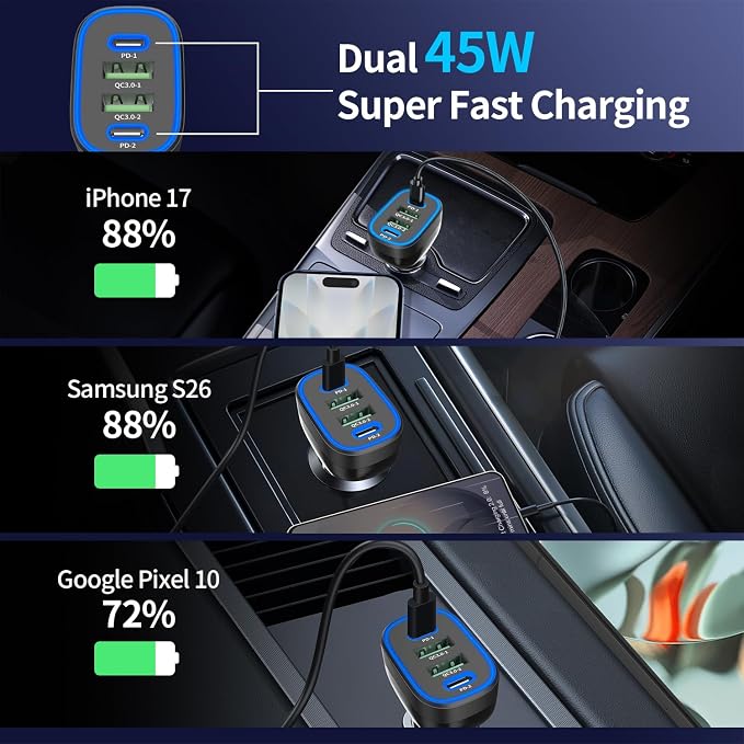 90W 4 Port USB C Super Fast Car Charger for iPhone 17 Pro Max/Android Phone | for iPhone 17/16/15/Samsung Galaxy S26/S25 etc. Dual 45W USBC& 22.5W USB Port, 2*3.3ft Type C Cable, Road Trip Essentials