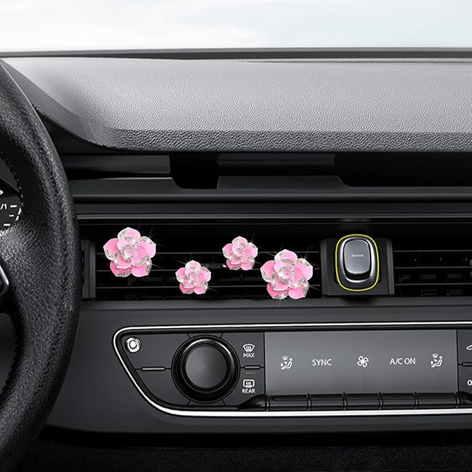 Osilly Bling Car Air Vent Clips, 4PCS/2Set Flower Rhinestone Vehicle Air Outlet Clamp, Sparkly Diamond Automotive Interior Vent Clip Charm Decor Accessories, Universal for SUV Truck RV (Pink)
