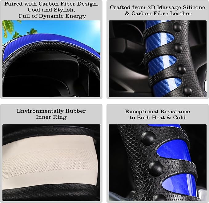 Car Leather Steering Wheel Cover - Carbon Fibre Material, Universal 14.5-15 Inch Leather Anti-Slip Breathable Auto Steering Wheel Covers for Men Women (3D Massage - Sports Blue)