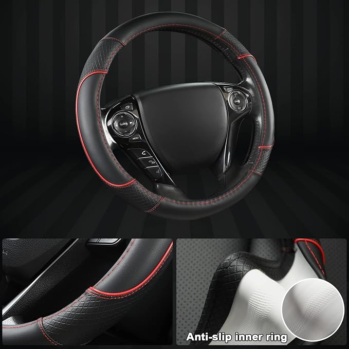 GIANT PANDA Microfiber Leather Steering Wheel Cover for Honda Accord,Civic,CR-V,HR-V,Pilot(Diamond-Pattern-Black+Red Line-Standard Size)
