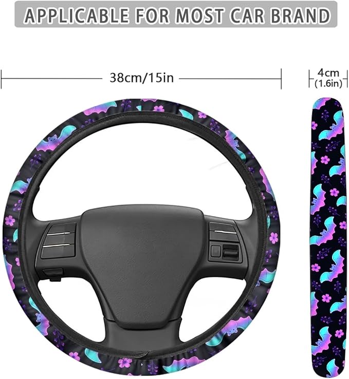 AFPANQZ Halloween Steering Wheel Cover for Cars Universal Fit 14 to 15 inch | Bat Flower Print, Universal Stretch-on Fabric, Keep Warm Steering Wheel Protector for Women